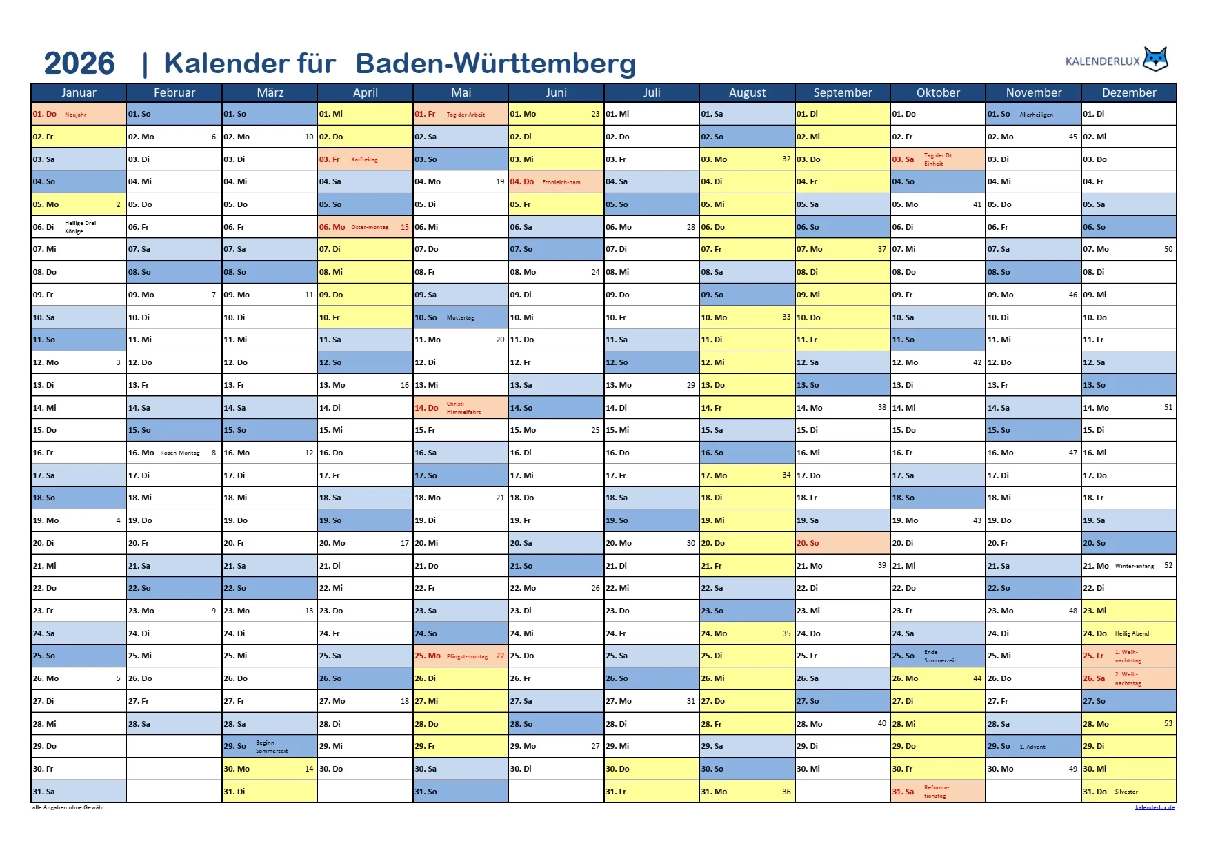 jahreskalender 2026 kalenderlux