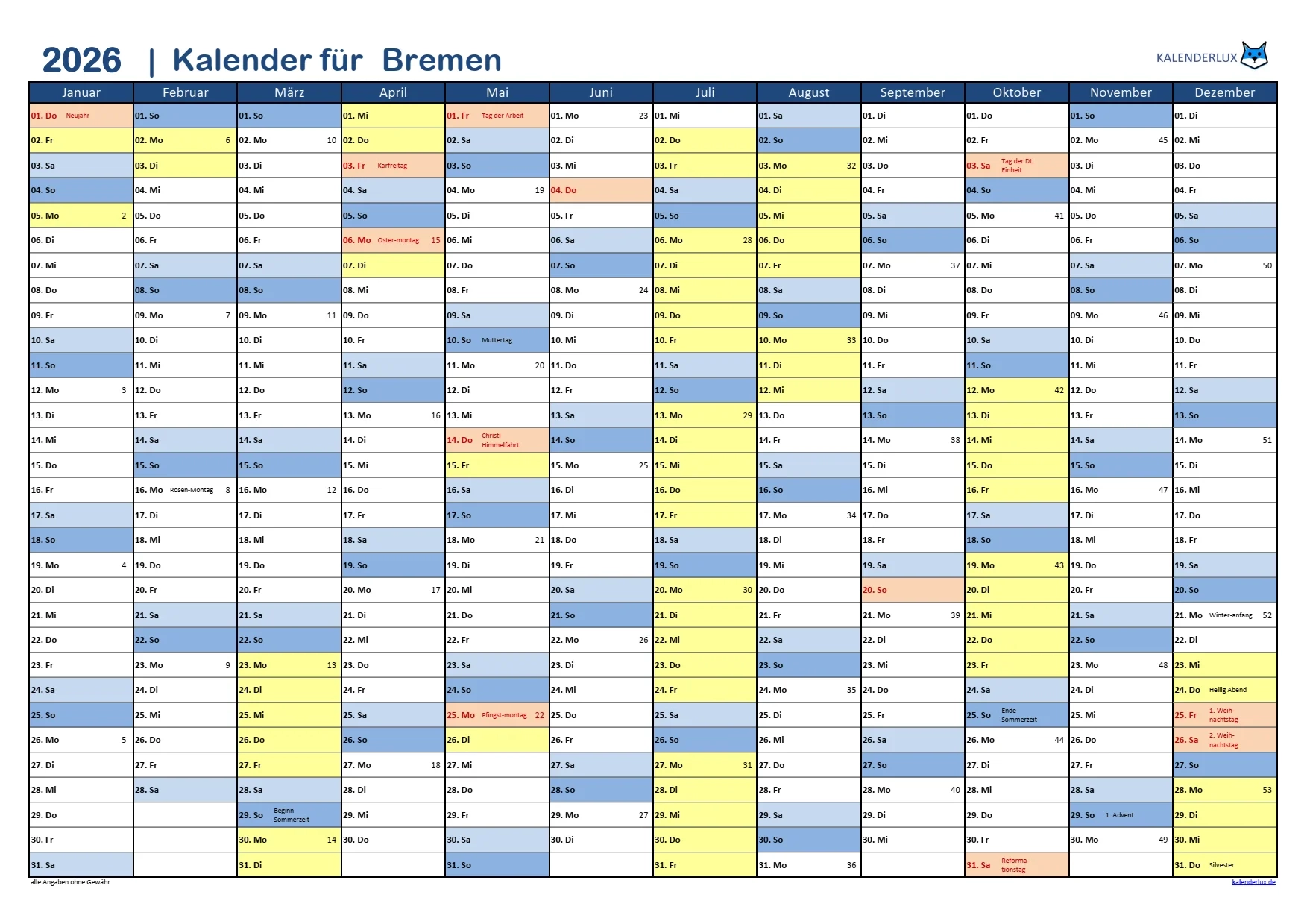 Jahreskalender 2026 Kalenderlux