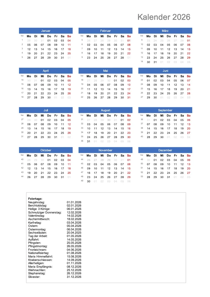 Kostenlos Kalender 2026 Drucken