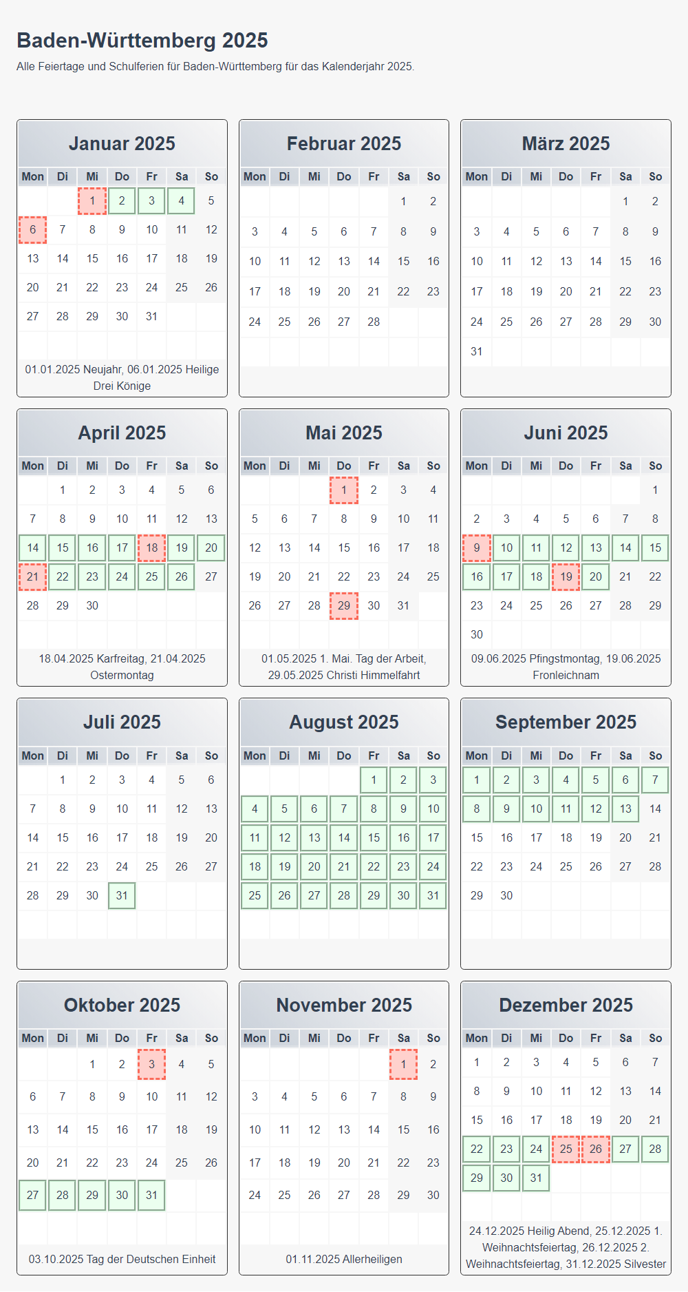 Jahreskalender Mit Schulferien Und Feiertagen F r Baden W rttemberg 2025 Ferienplaner