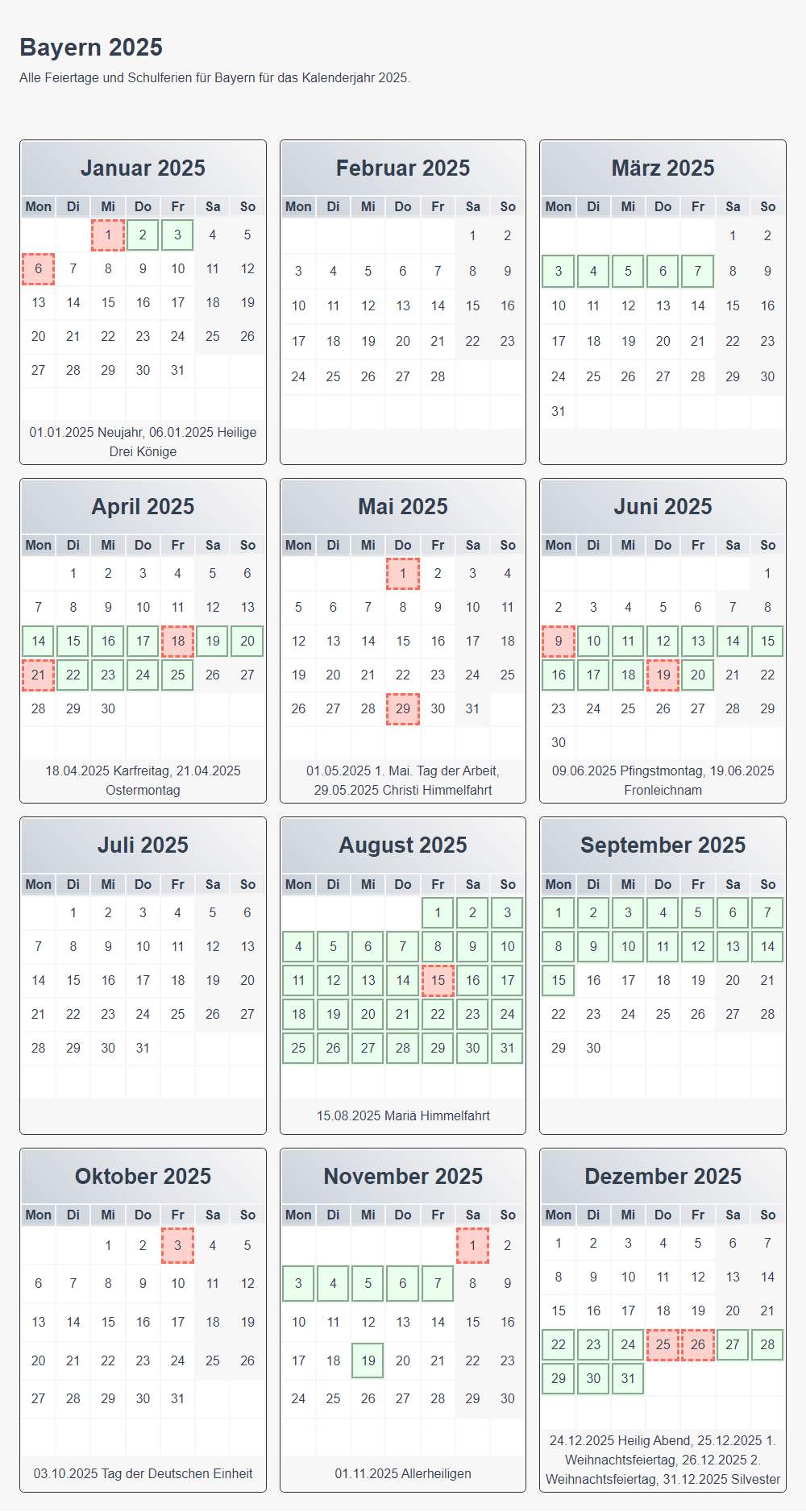 Jahreskalender Mit Schulferien Und Feiertagen F r Bayern 2025 Ferienplaner