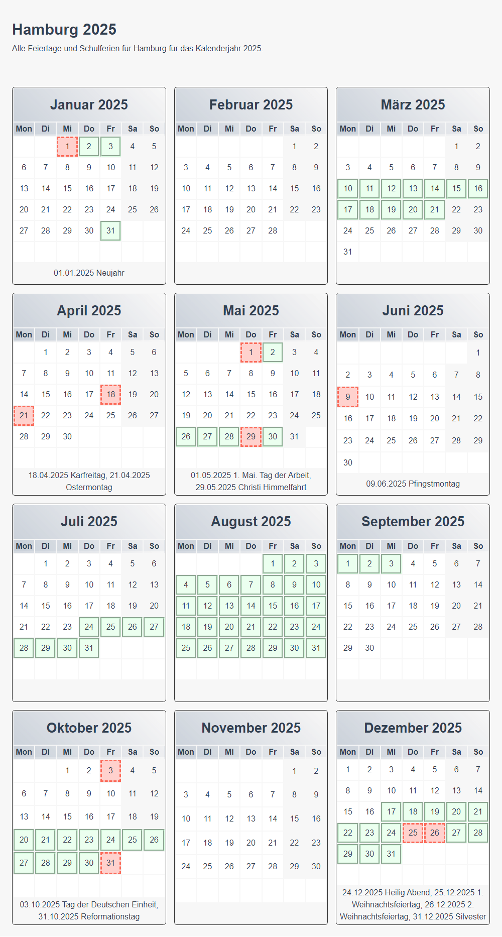 Kalender 2025 MIT Feiertagen Hamburg