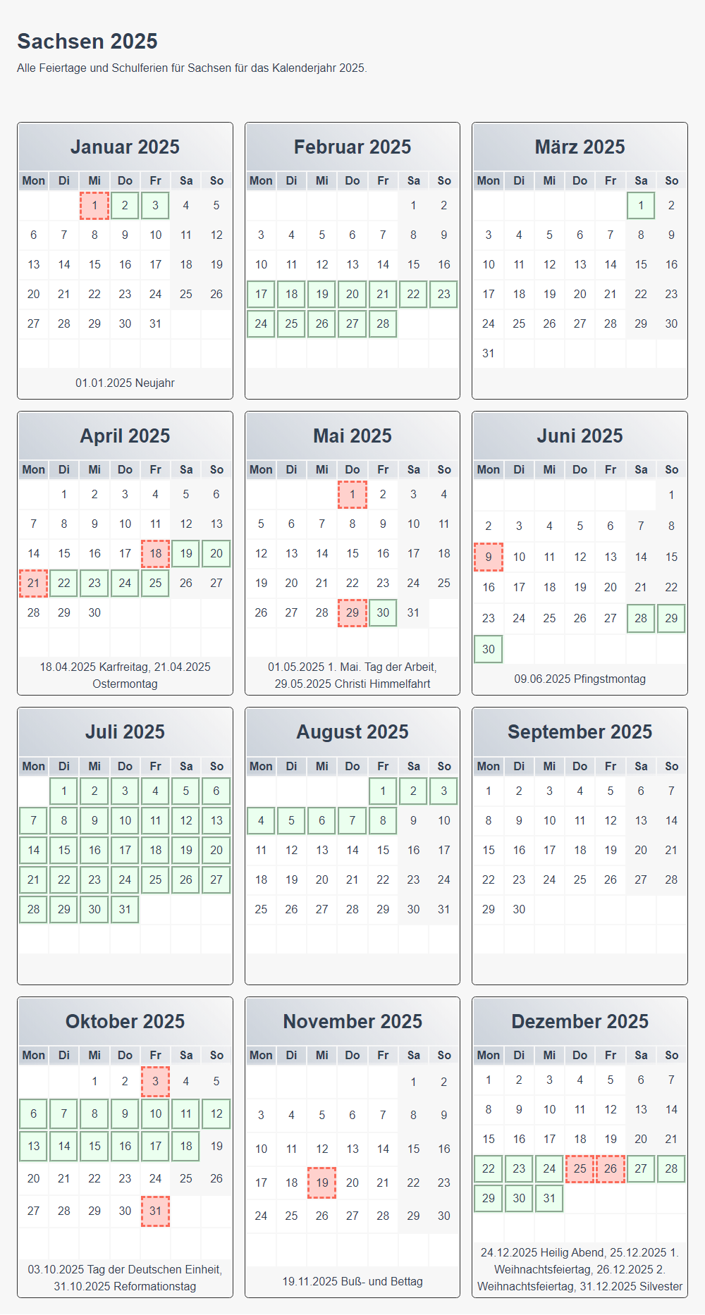 Urlaubskalender 2025 Sachsen