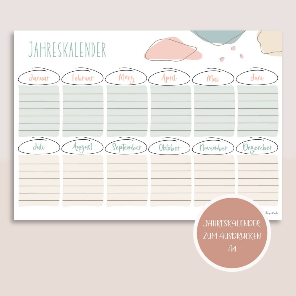 Jahreskalender undatiert Zum Ausdrucken A4 Planer Listen Printables