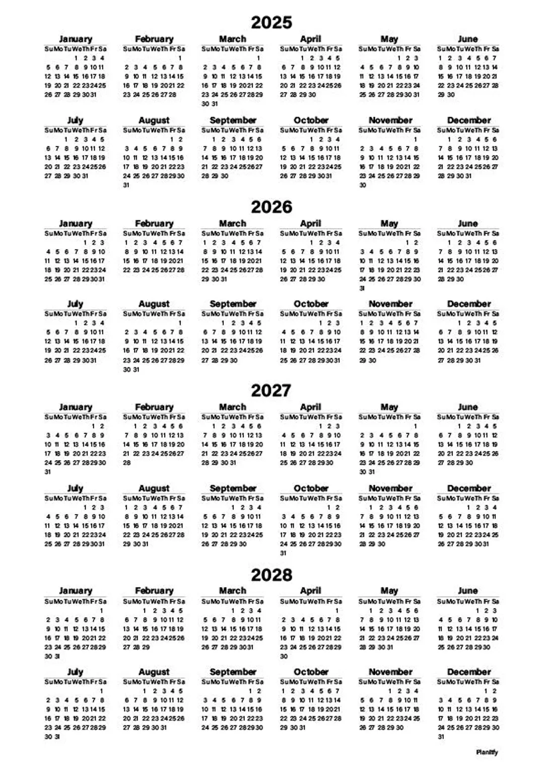 Jahreskalender Zum Ausdrucken Von 2025 Bis 2028 4 Jahre Sonntag Und Montag Start Letter Und A4 Gr e PDF Datei Etsy de
