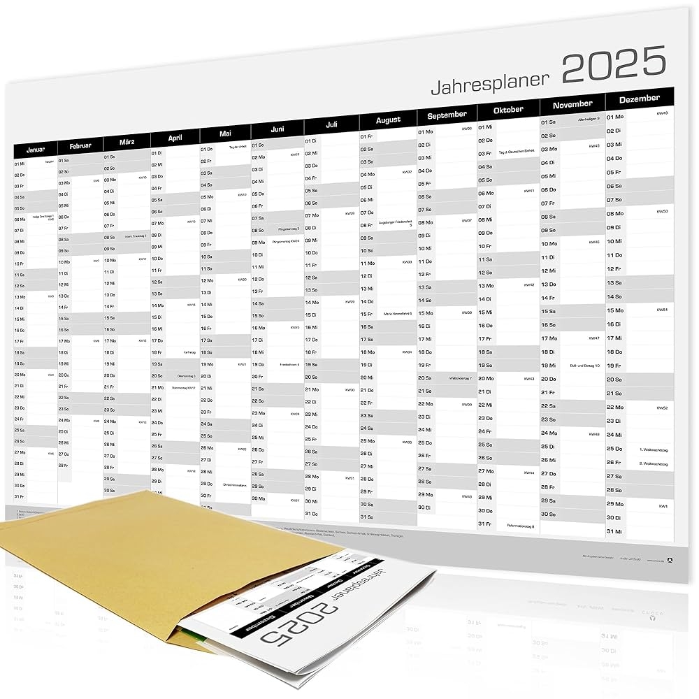 Jahresplaner 2025 DIN A1 XXL Gro format Poster Gr e Wandkalender Mit KW Wochen bersicht Deutsche Feiertage 12 Monate Kalender F r B ro Schule Alltag JP25M2 Amazon de B robedarf Schreibwaren