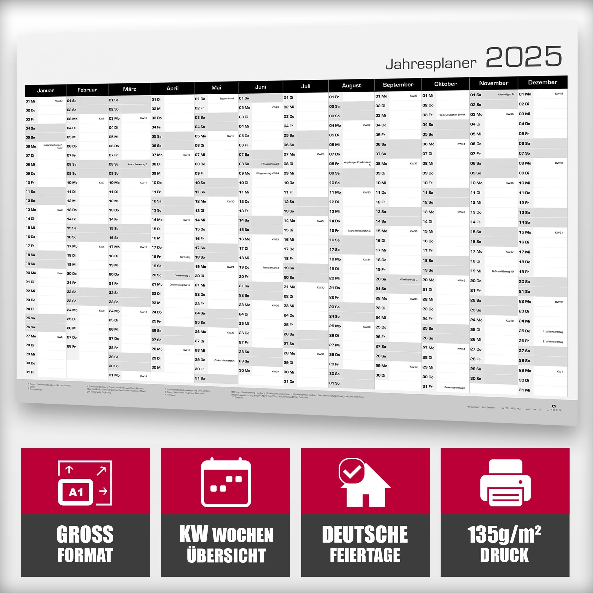 Jahresplaner 2025 DIN A1 XXL Gro format Poster Gr e Wandkalender Mit KW Wochen bersicht Deutsche Feiertage 12 Monate Kalender F r B ro Schule Alltag JP25M2 Amazon de B robedarf Schreibwaren