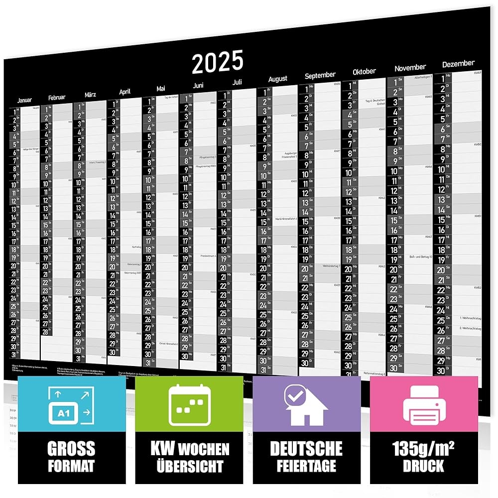 Jahresplaner 2025 Schwarz XXL Jahreskalender Wandplaner DIN A1 84x59 Cm Wandkalender Gro format Kalender F r B ro Familie Und Schule Plakatkalender B rokalender Wall Calender BLACK Amazon de B robedarf Schreibwaren
