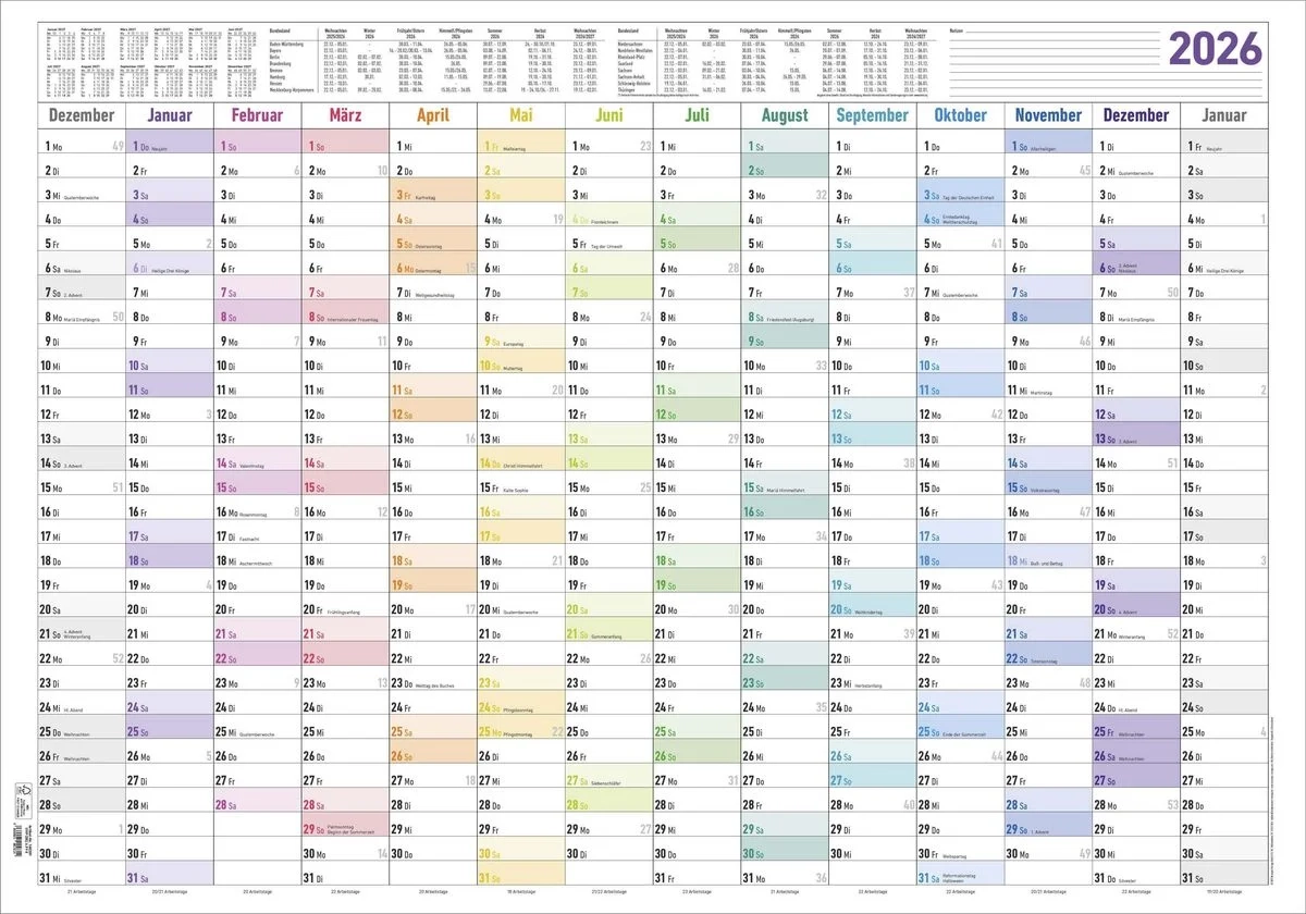 Jahresplaner XL 14 Monate 2026 Plakat Kalender 100x70 Cm Jahres bersicht Ferien bersicht Arbeitstagez hlung Alpha Edition Kaufen