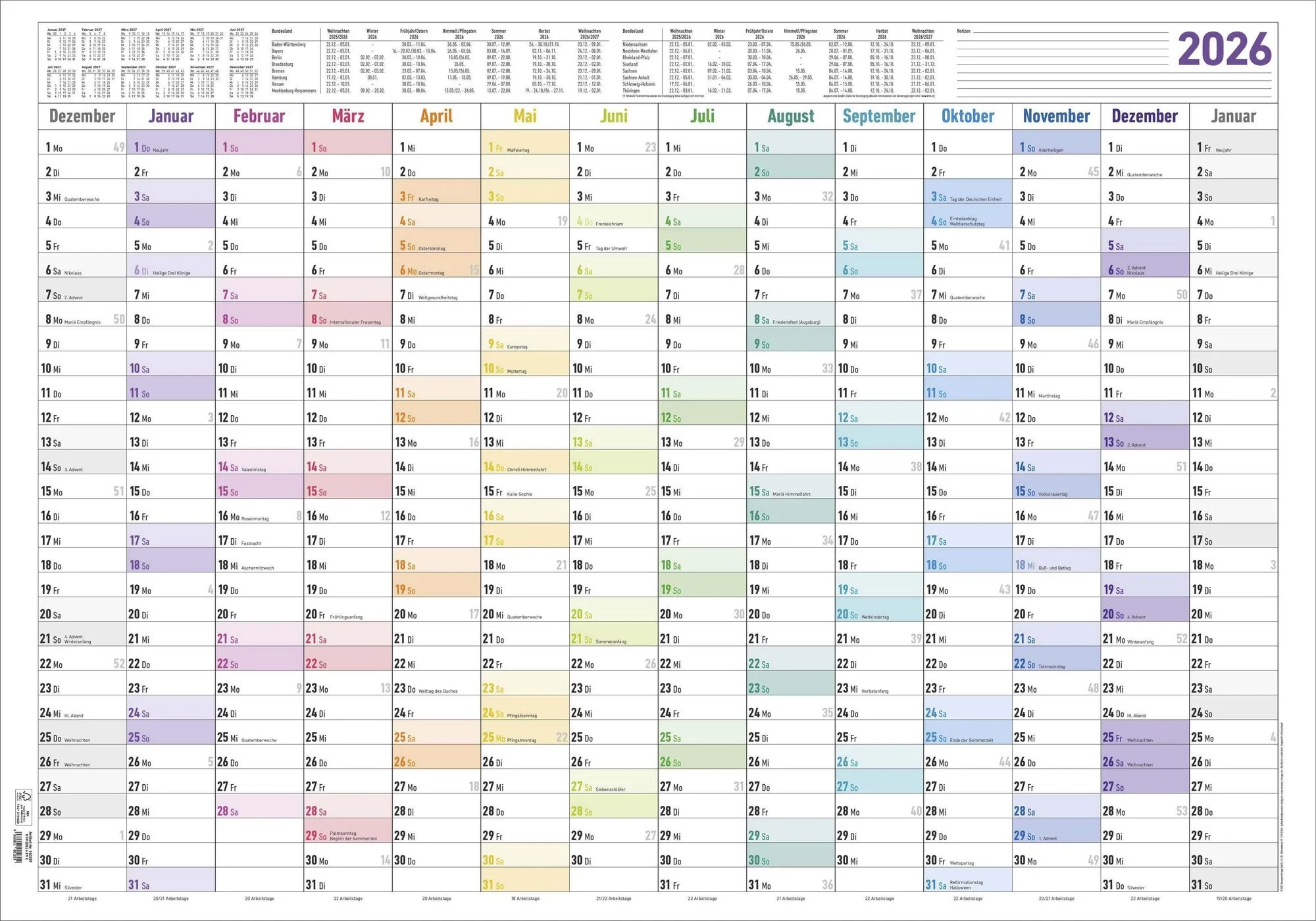 Jahresplaner XL 14 Monate 2026 Plakat Kalender 100x70 Cm Jahres bersicht Ferien bersicht Arbeitstagez hlung Alpha Edition Kaufen