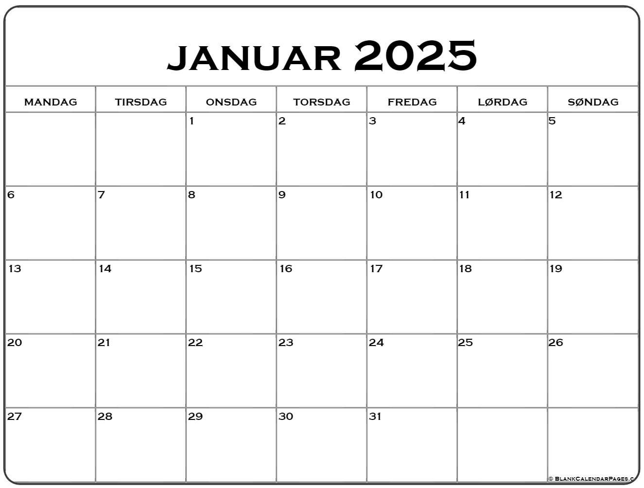 Januar 2025 Kalender Dansk Kalender Januar