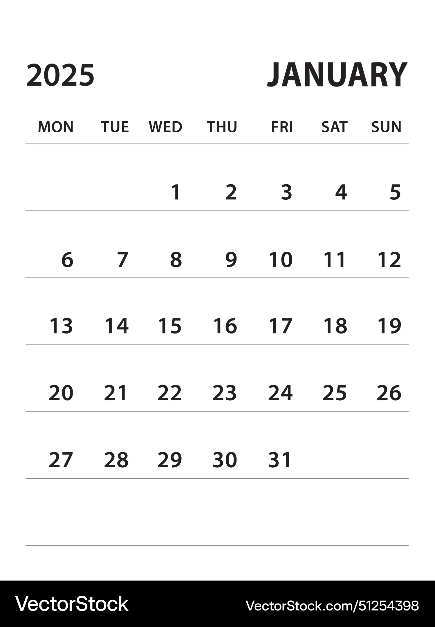 Januar 2025 Kalender Lizenzfreies Vektorbild