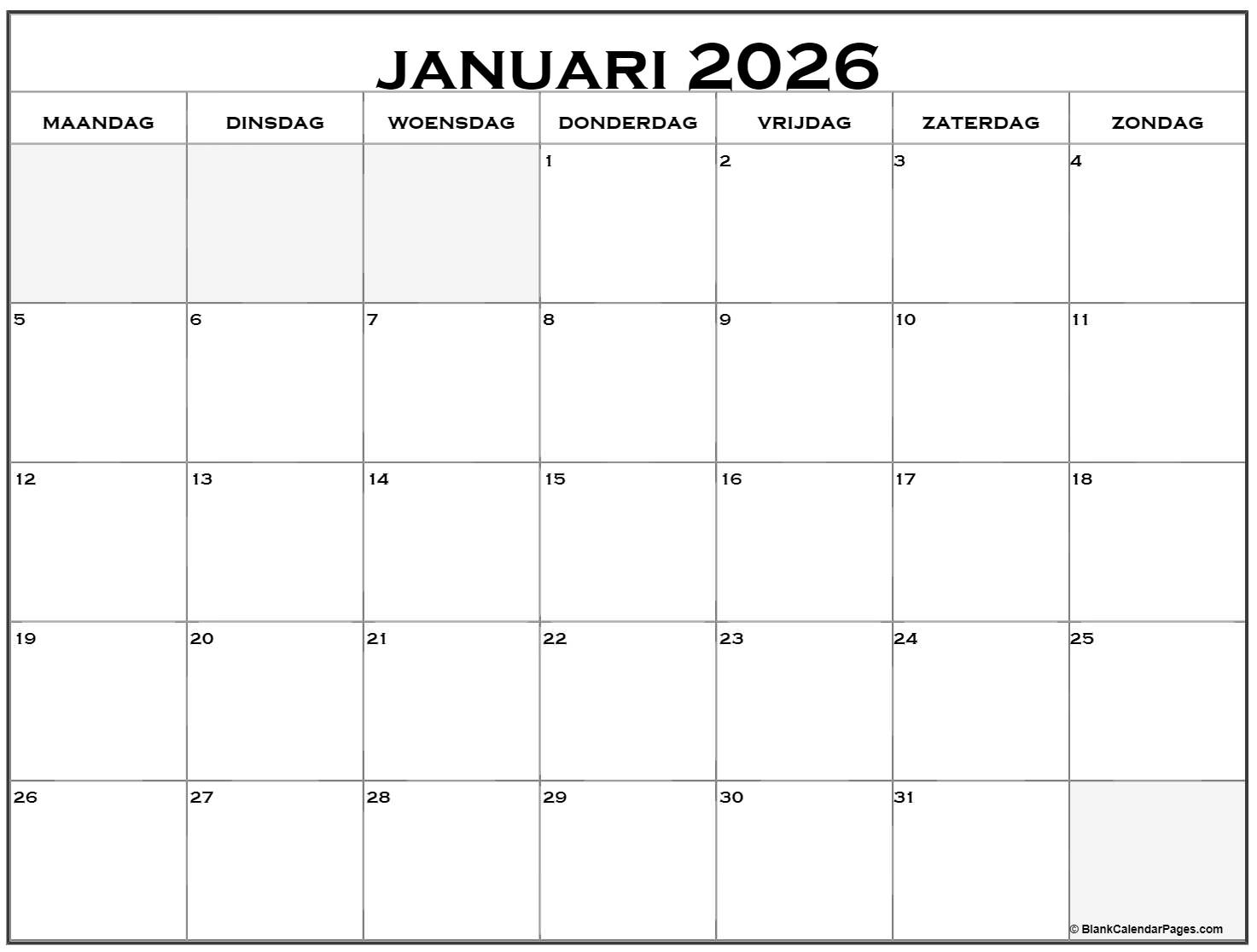 Januari 2026 Kalender Nederlandse Kalender Januari