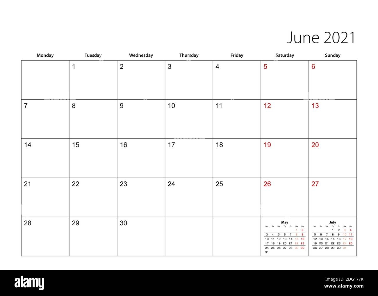 Juni 2021 Einfacher Kalenderplaner Woche Beginnt Ab Montag Vektorkalender Planer Stock Vektorgrafik Alamy