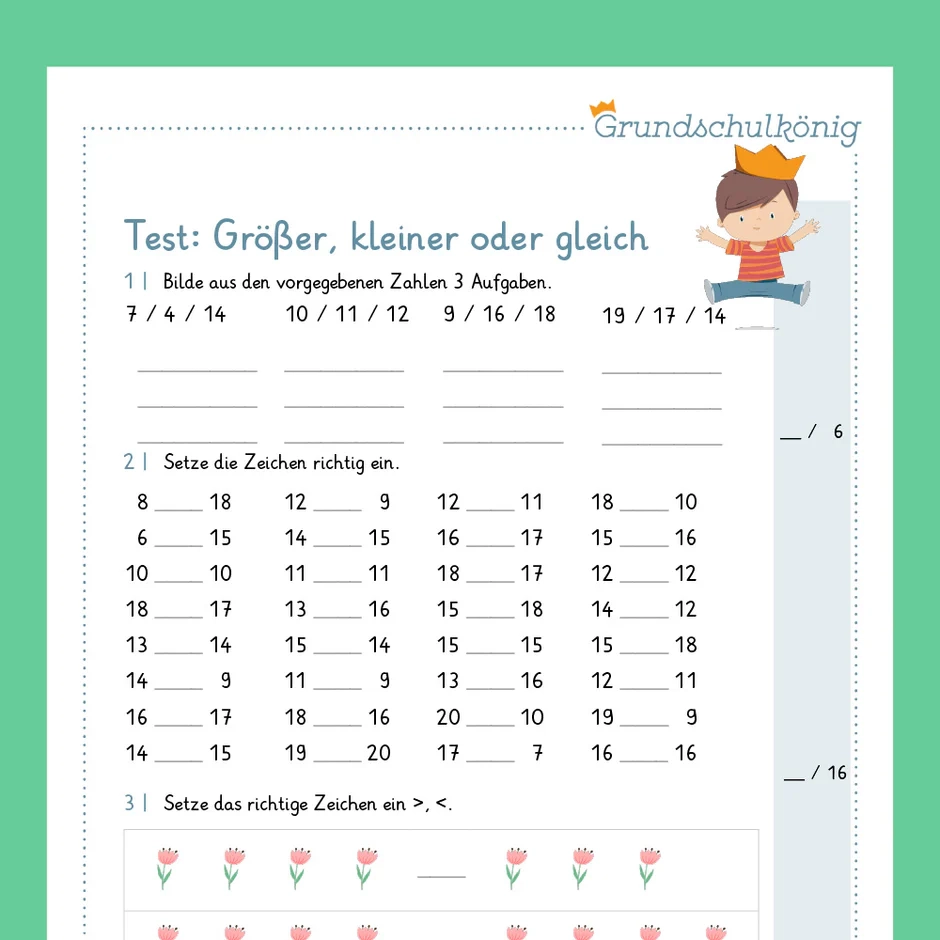 K nigspaket Gr er Kleiner Oder Gleich Im Zahlenraum 20 Mathe 1 Klasse Inklusive Test