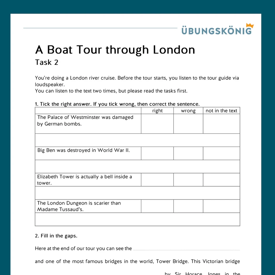K nigspaket Listening Comprehension A Boat Tour Through London Englisch 7 Klasse 
