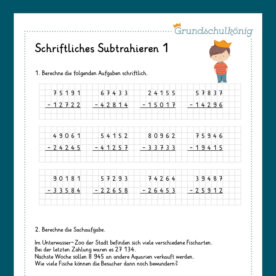 Schriftliche Subtraktion Klasse 4 Arbeitsblätter