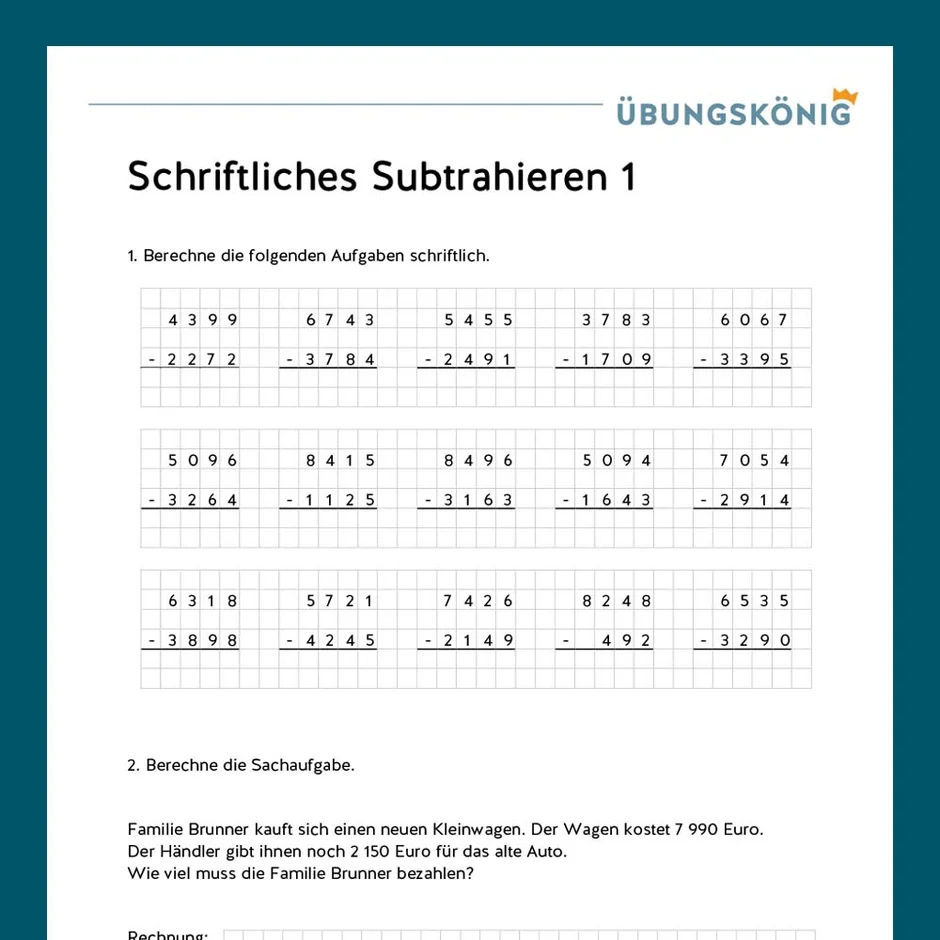 K nigspaket Schriftliches Subtrahieren ZR 10 000 Mathe Mittelschule K nigspaket Schriftliches Subtrahieren ZR 10 000 Mathe Mittelschule