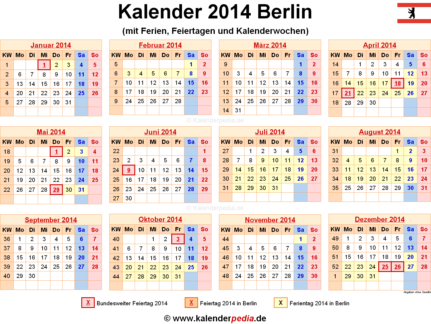 Kalender 2014 Berlin Ferien Feiertage PDF Vorlagen