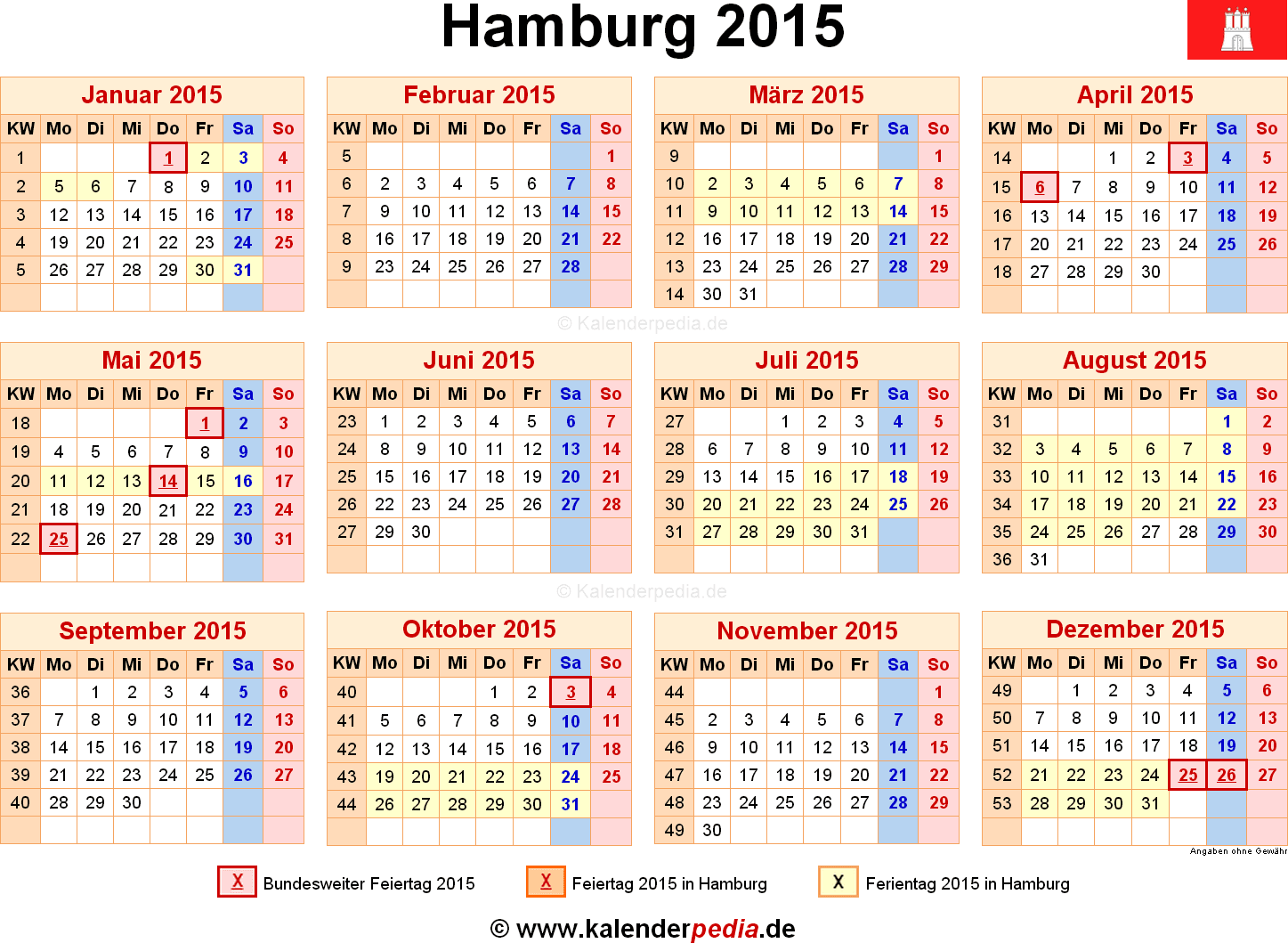 Kalender 2015 Hamburg Ferien Feiertage Excel Vorlagen