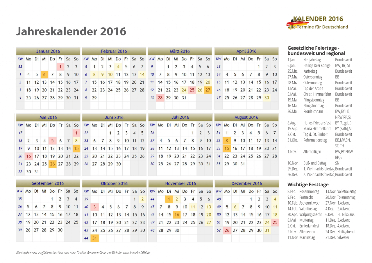 KALENDER 2016 Mit Feiertagen Ferien