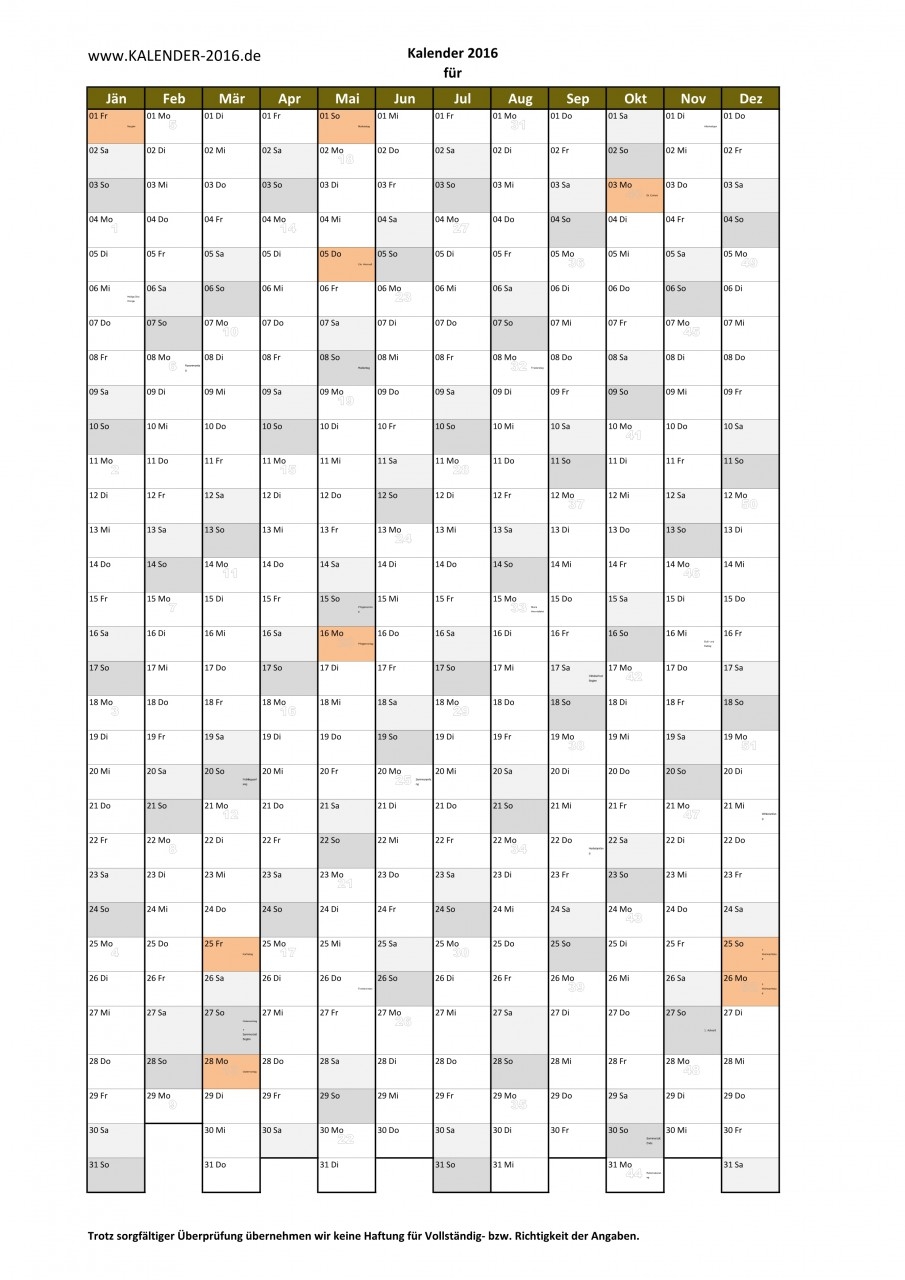 KALENDER 2016 Zum Ausdrucken PDF Vorlagen