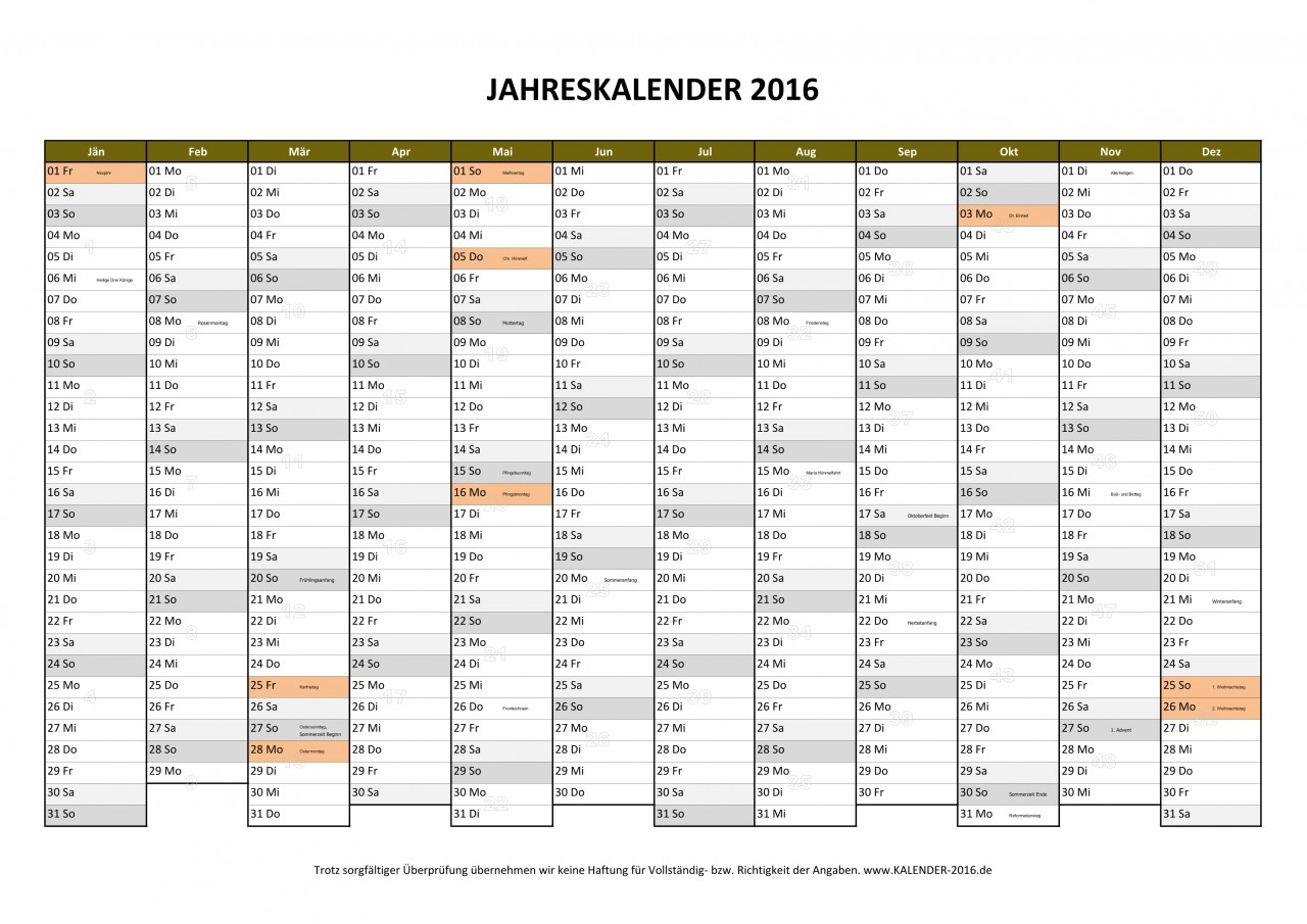 KALENDER 2016 Zum Ausdrucken PDF Vorlagen