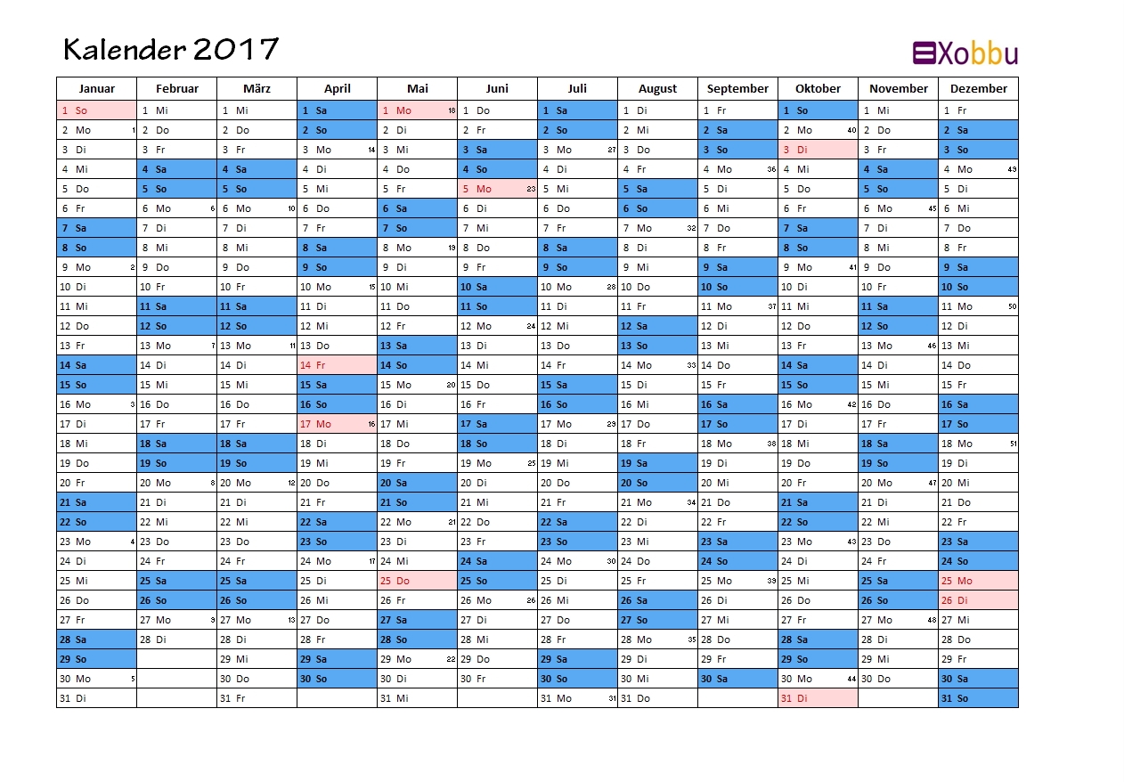 Kalender 2017 Jahreskalender Zum Ausdrucken Xobbu 13 Xobbu