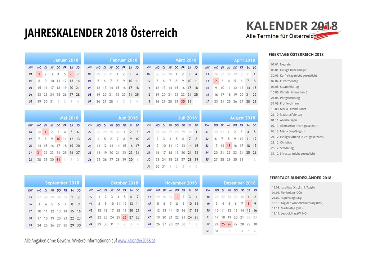 KALENDER 2018 sterreich Feiertage Ferien KW