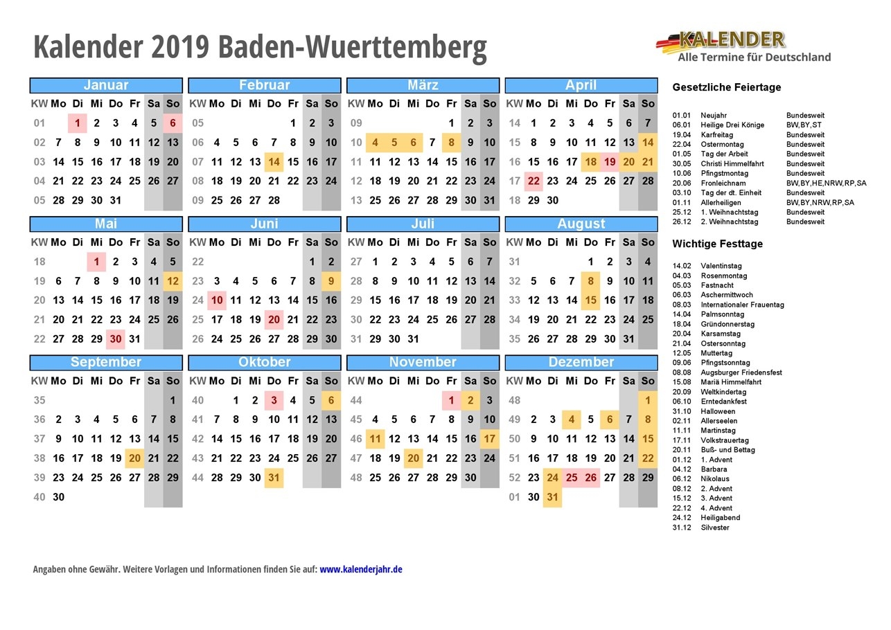 KALENDER 2019 Baden Wuerttemberg Mit Feiertagen KW Online