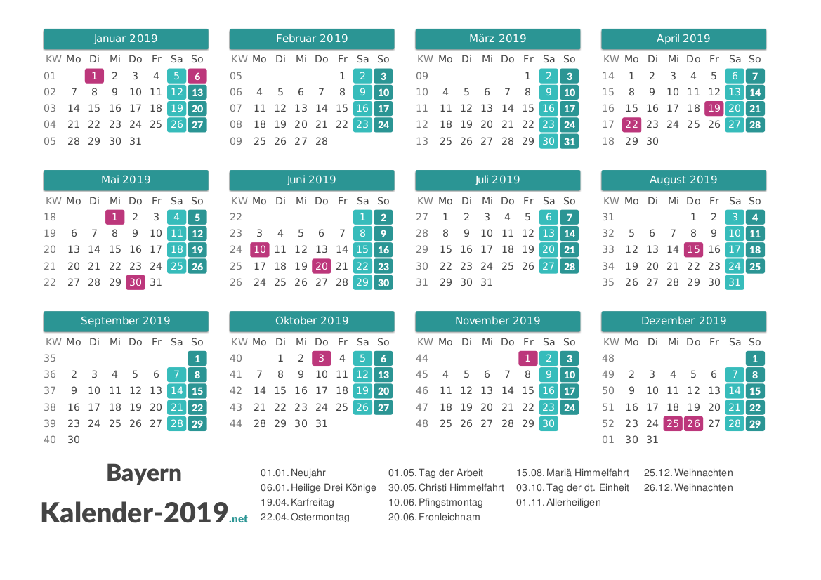 Kalender 2019 Bayern