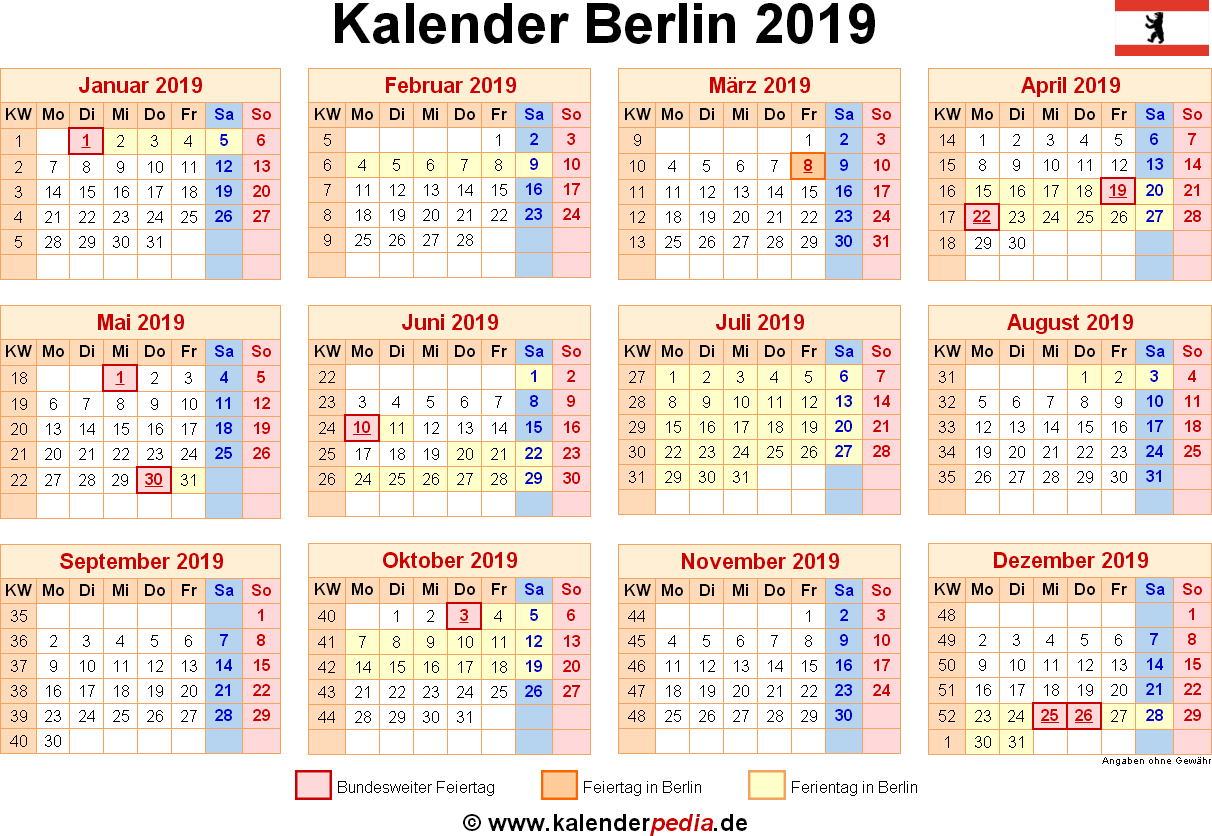 Kalender 2019 Berlin Ferien Feiertage PDF Vorlagen