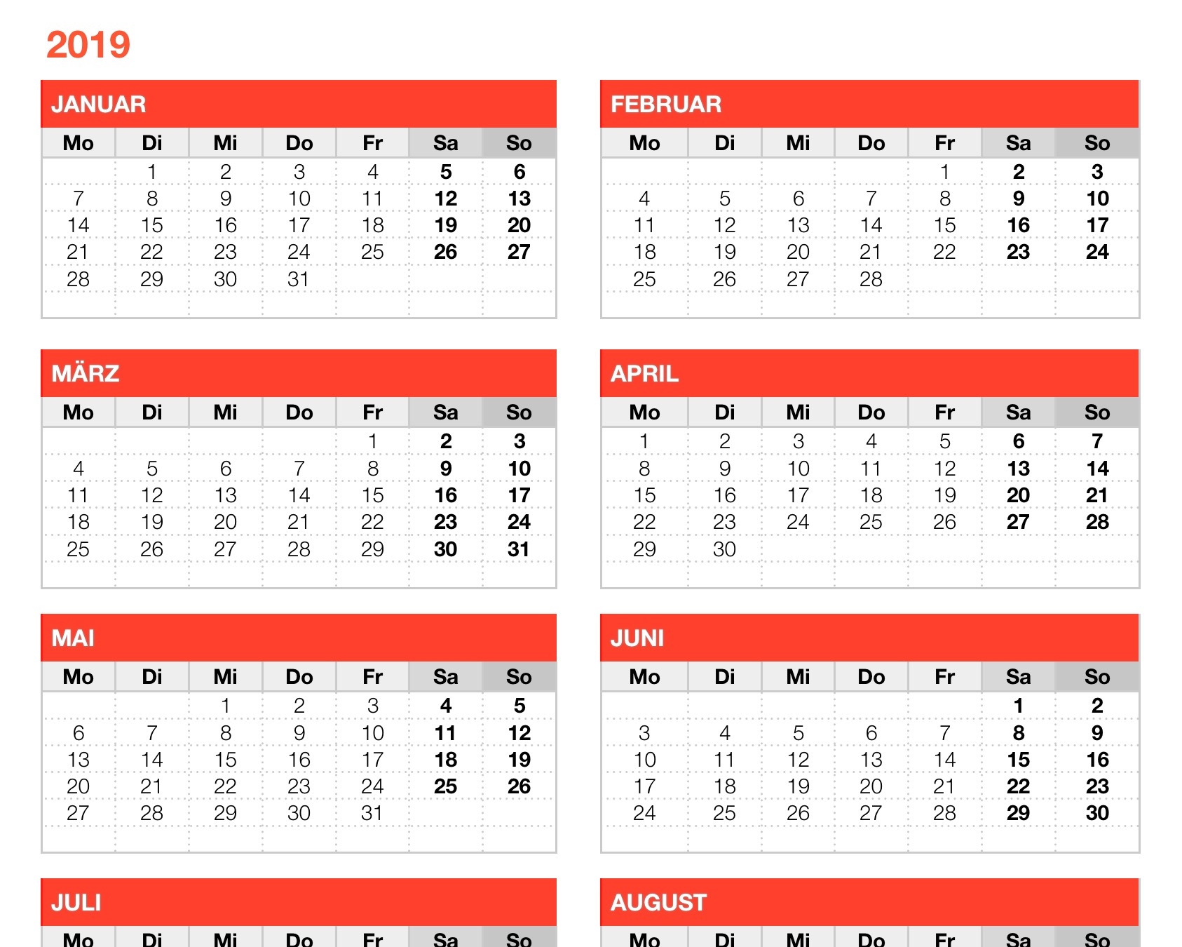 Kalender 2019 Monatsansicht Numbersvorlagen de