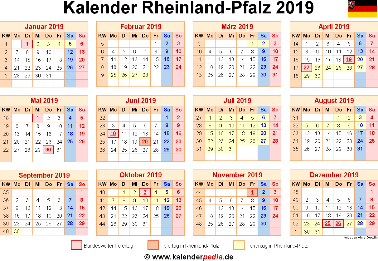 Kalender 2019 Rheinland Pfalz Ferien Feiertage Excel Vorlagen