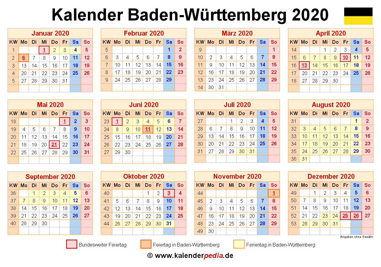 Kalender 2020 Baden W rttemberg PDF Vorlagen Mit Ferien