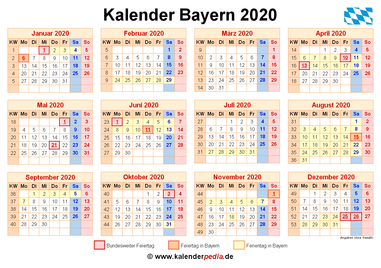 Kalender 2020 Bayern Ferien Feiertage PDF Vorlagen
