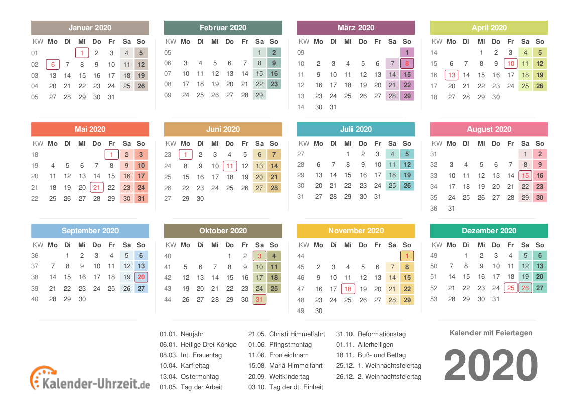 Kalender 2020 Mit Feiertagen