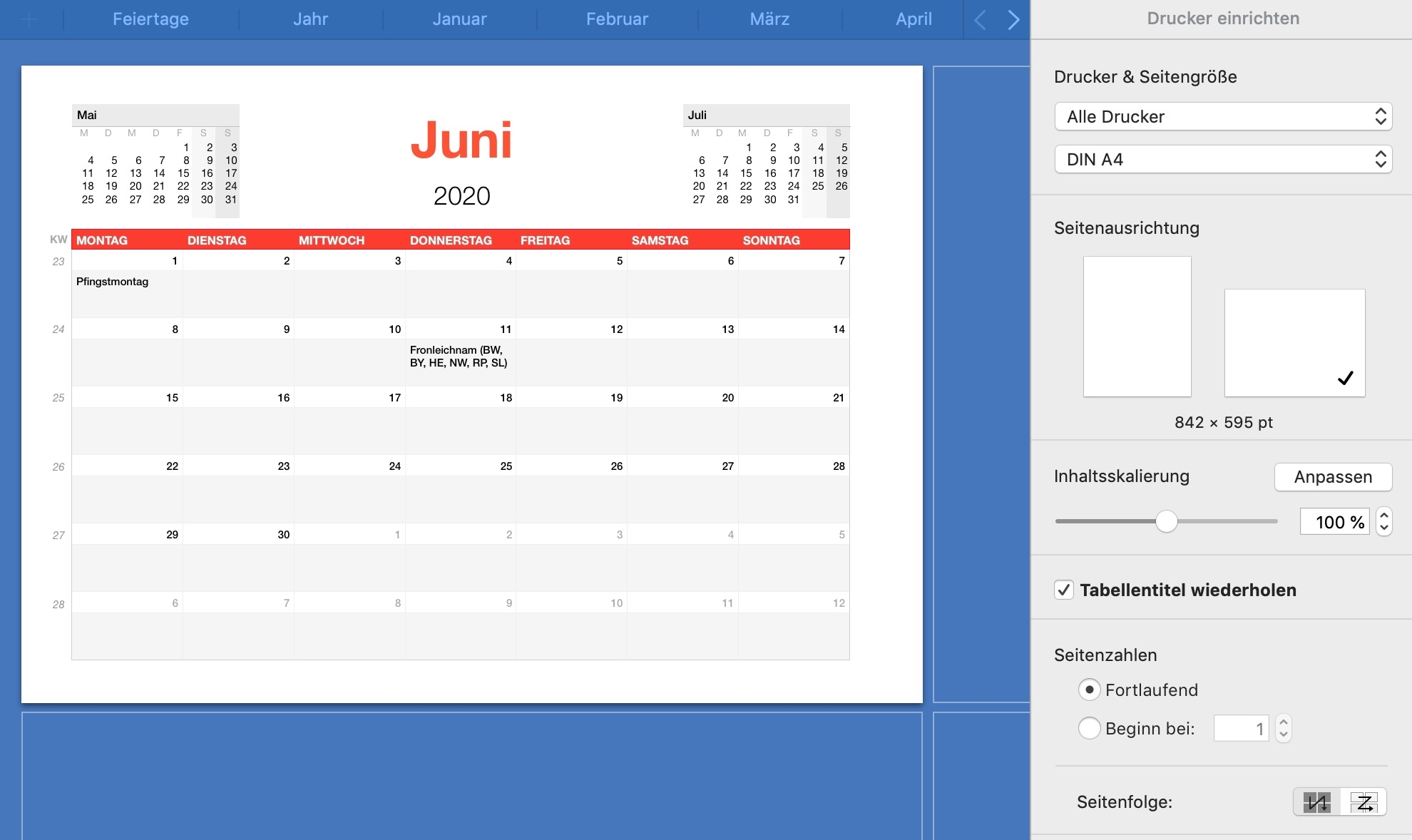 Kalender 2020 Monatsansicht Numbersvorlagen de