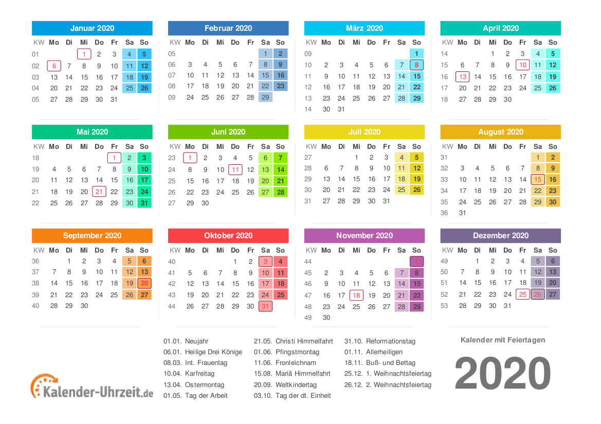 Jahreskalender MIT Allen Feiertagen