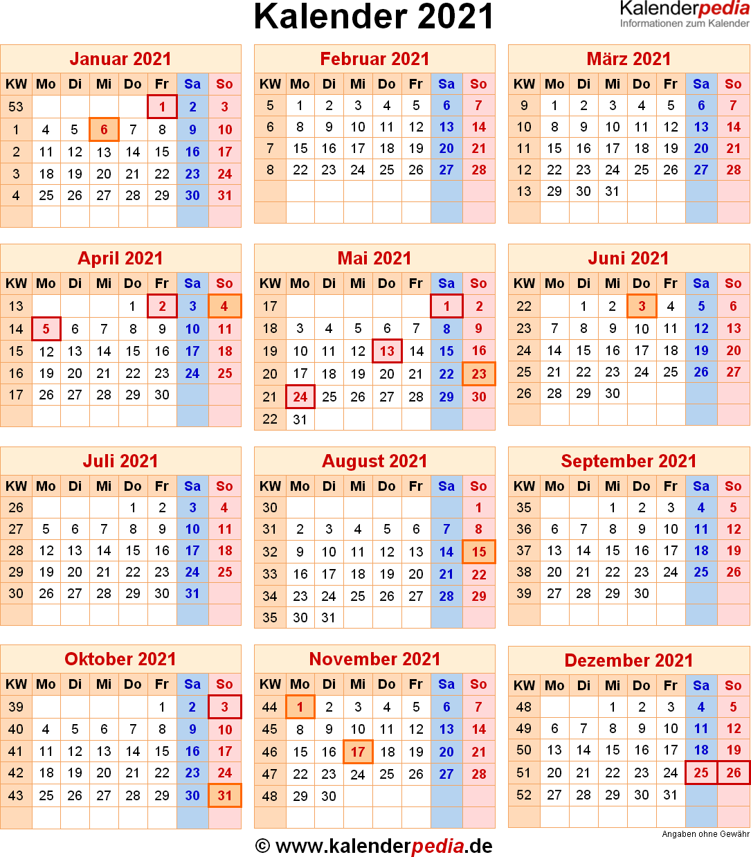 Kalender MIT Kalenderwochen Und Feiertagen