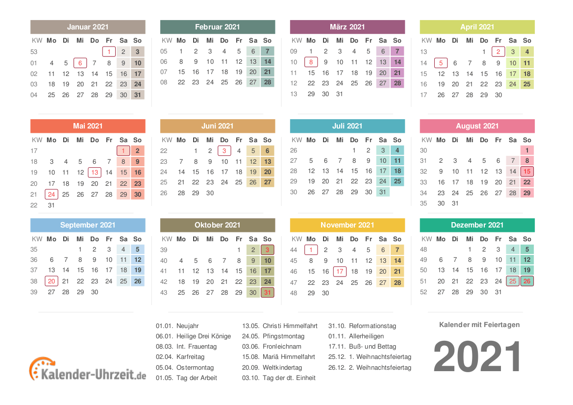 Kalender 2021 Mit Feiertagen