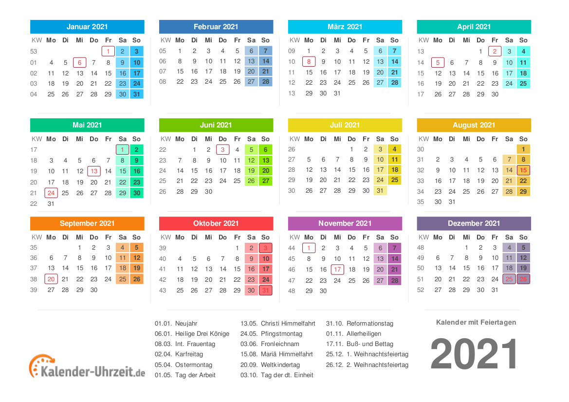 Kalender 2021 Mit Feiertagen