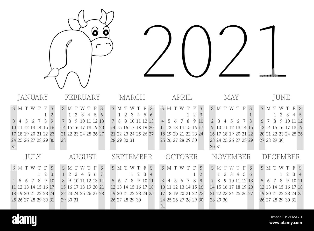 Kalender 2021 Monatskalender 2021 Von Sonntag Bis Samstag Jahresplaner Vorlagen Mit Niedlichen Handgezeichneten Stier Vektor Illustration Mit Liebenswert Stock Vektorgrafik Alamy