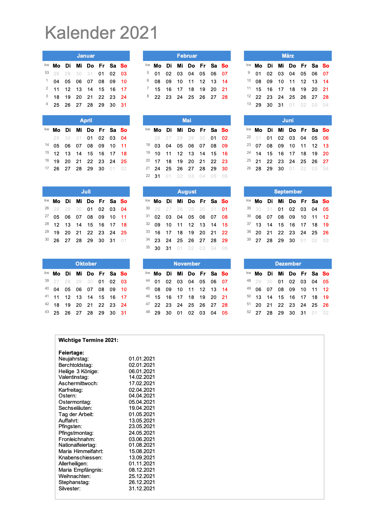 Jahreskalender Generisch XLS