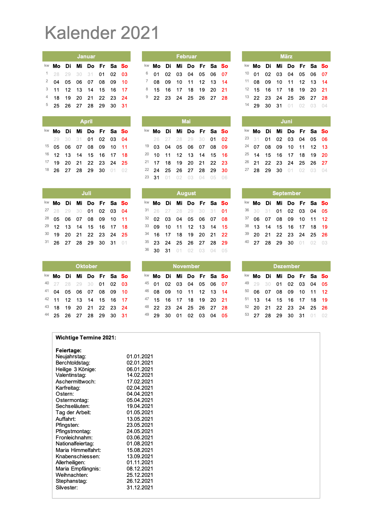 Kalender 2021 Schweiz Excel PDF Schweiz Kalender ch