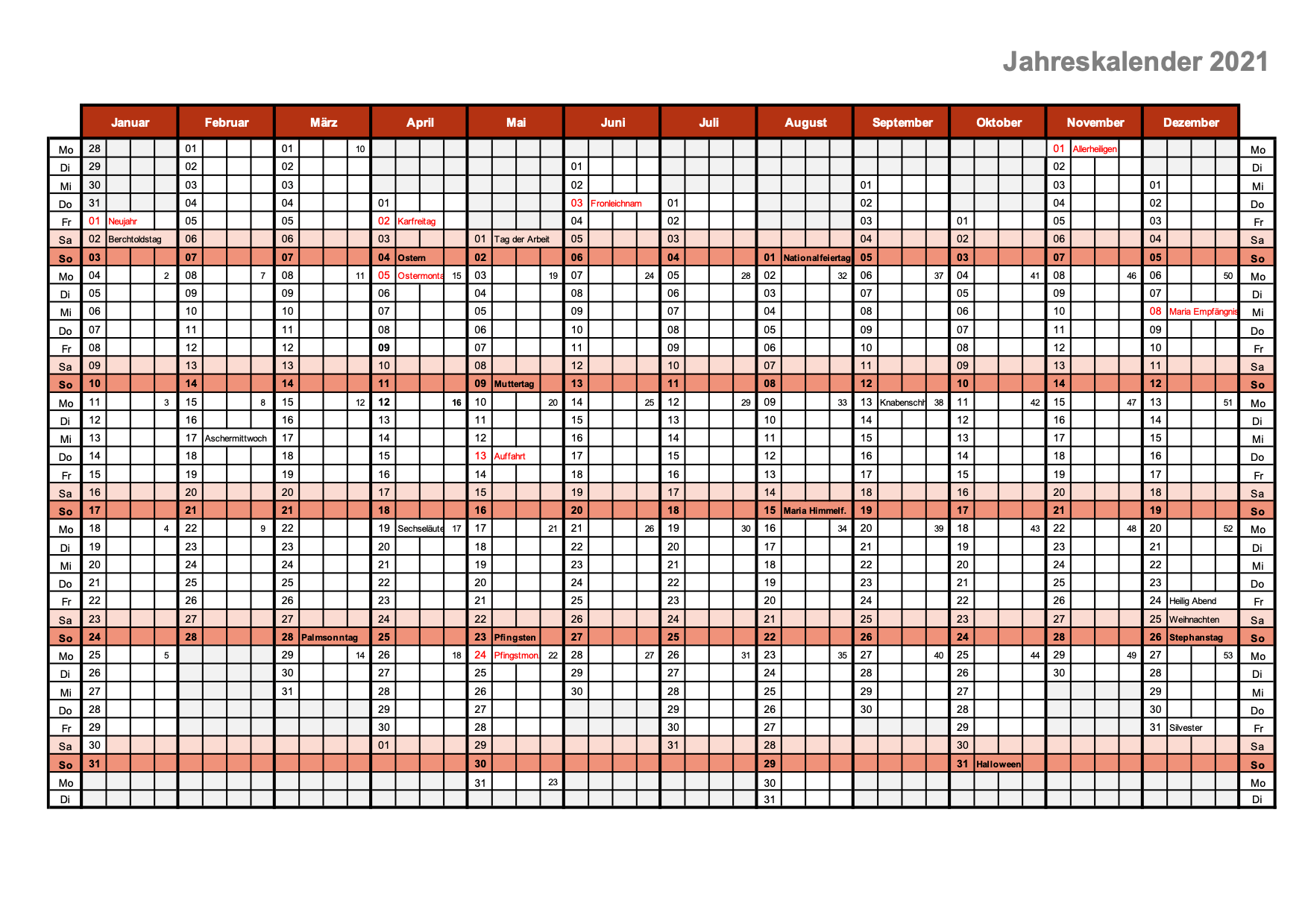Kalender 2021 Schweiz Excel PDF Schweiz Kalender ch