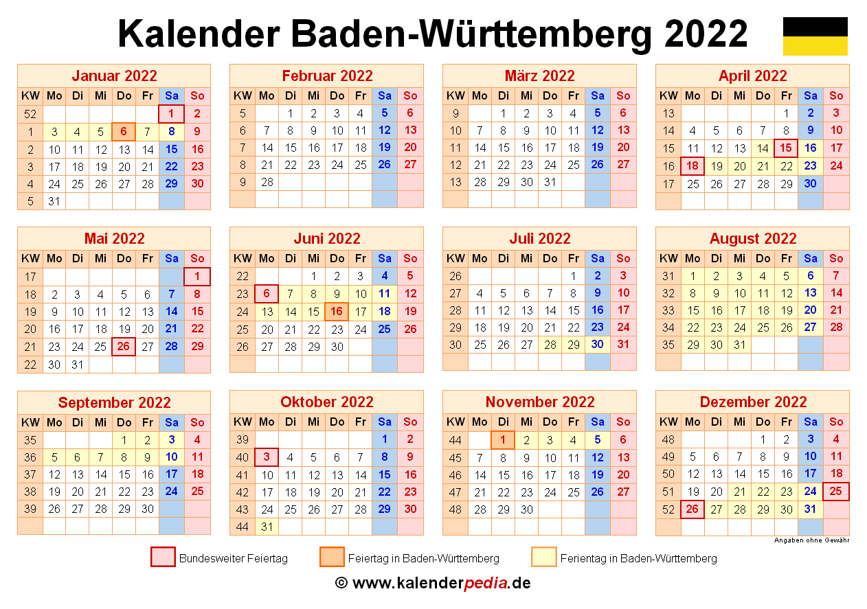 Kalender 2022 Baden W rttemberg PDF Vorlagen Mit Ferien