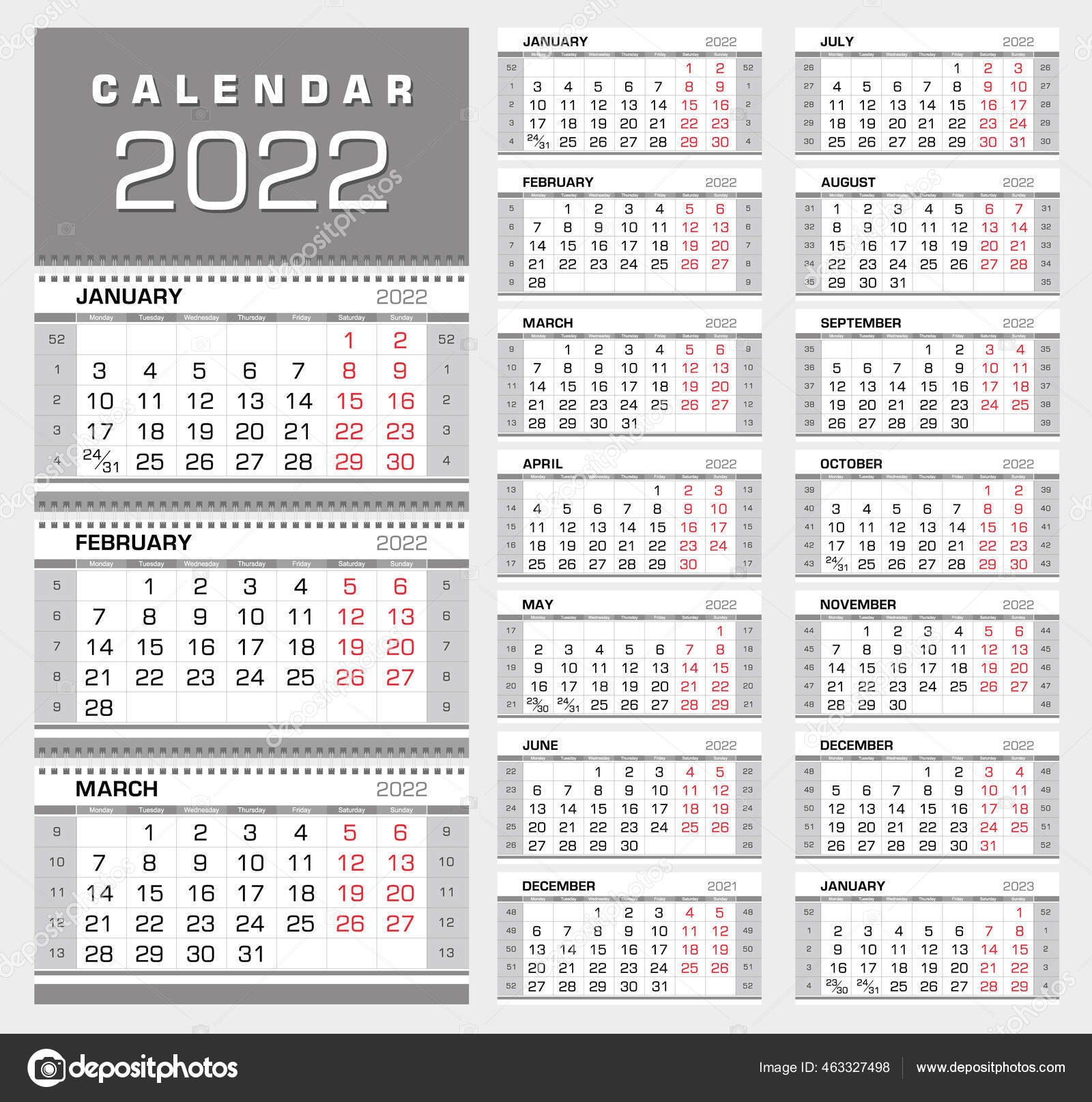 Kalender 2022 Kvartalsvis Kalender Med Ukenummer Uke Fra Mandag Klar Stockvektor Comtis 463327498