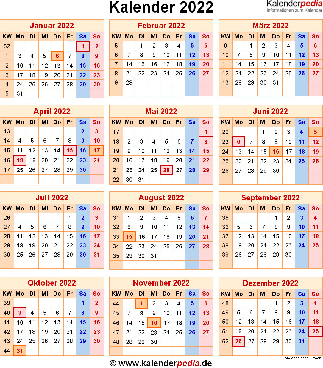 Kalender 2022 Mit Excel PDF Word Vorlagen Feiertagen Ferien KW