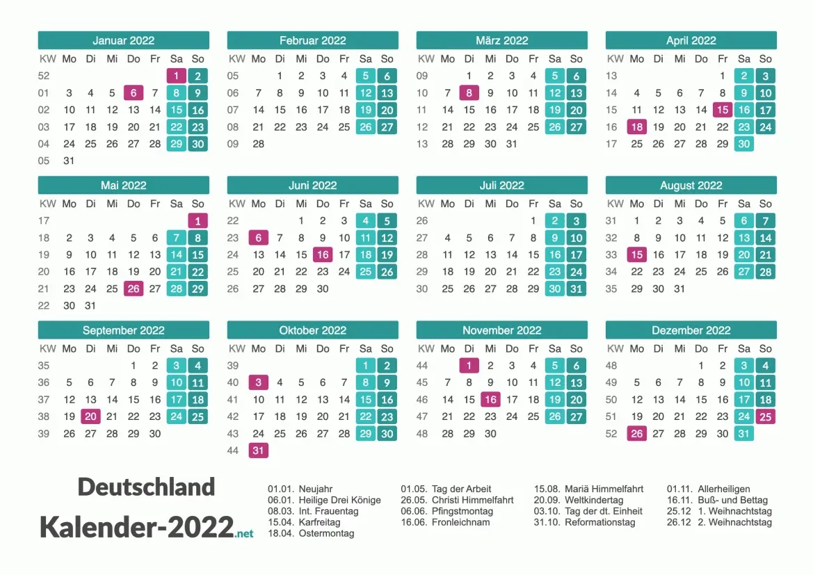 KALENDER 2022 Mit Feiertagen Ferien